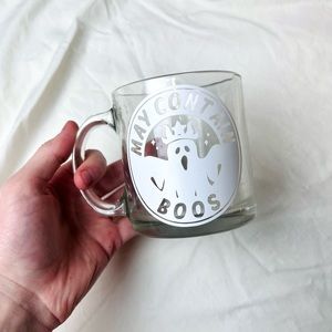 SOLD Handmade spooky funny ghost print may contain boos glass coffee tea mug